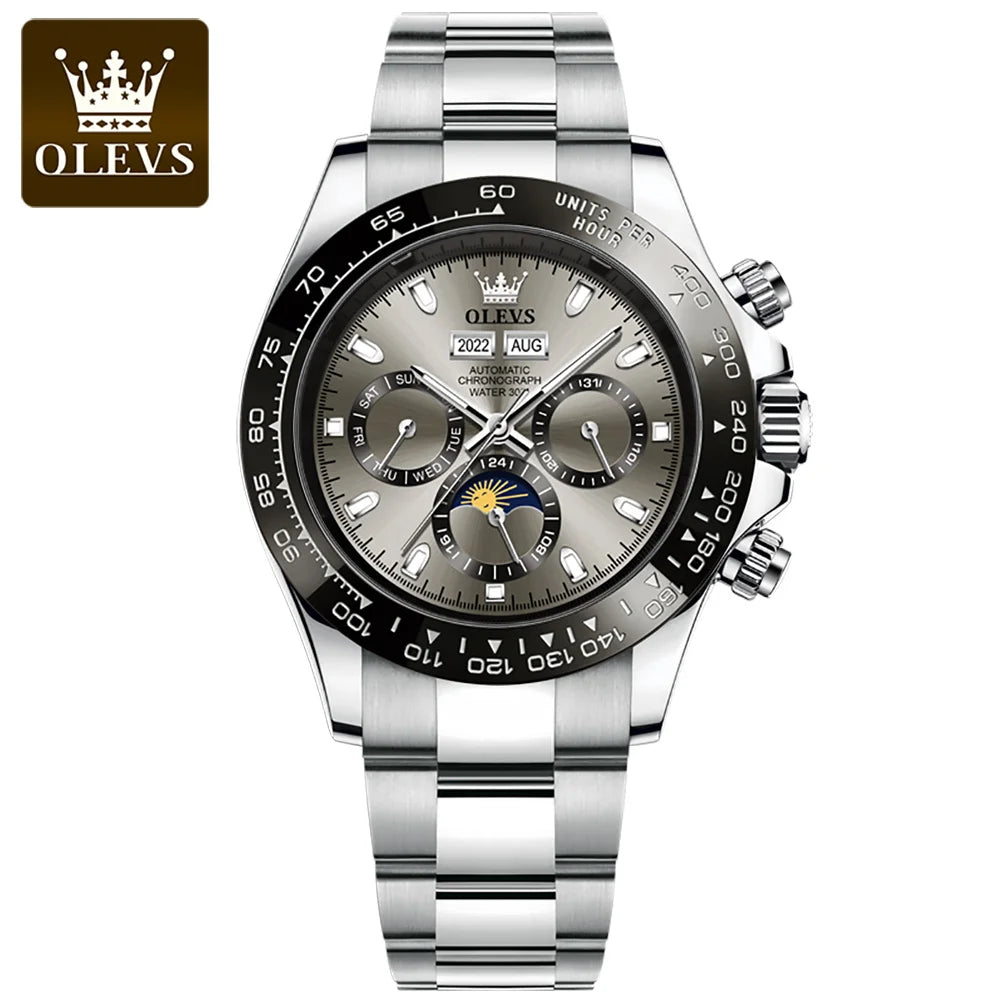 OLEVS 6654 Automatic Watches Waterproof Stainless Steel Luminous Moon Phase Dual Calendar Luxury Brand Mechanical Watch for Men