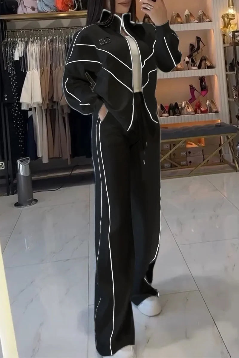 Polyester-Blend Knit Two-Piece Set With Black Piping Zip Sweatshirt And Long Pant — White | KIMLUD