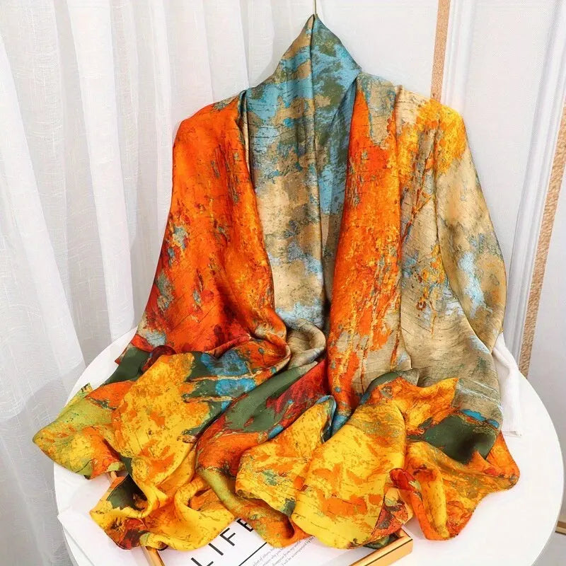 Brocade Satin Printed Shawl Cape With Couture Draping And Sun Protection — Multicolor | KIMLUD