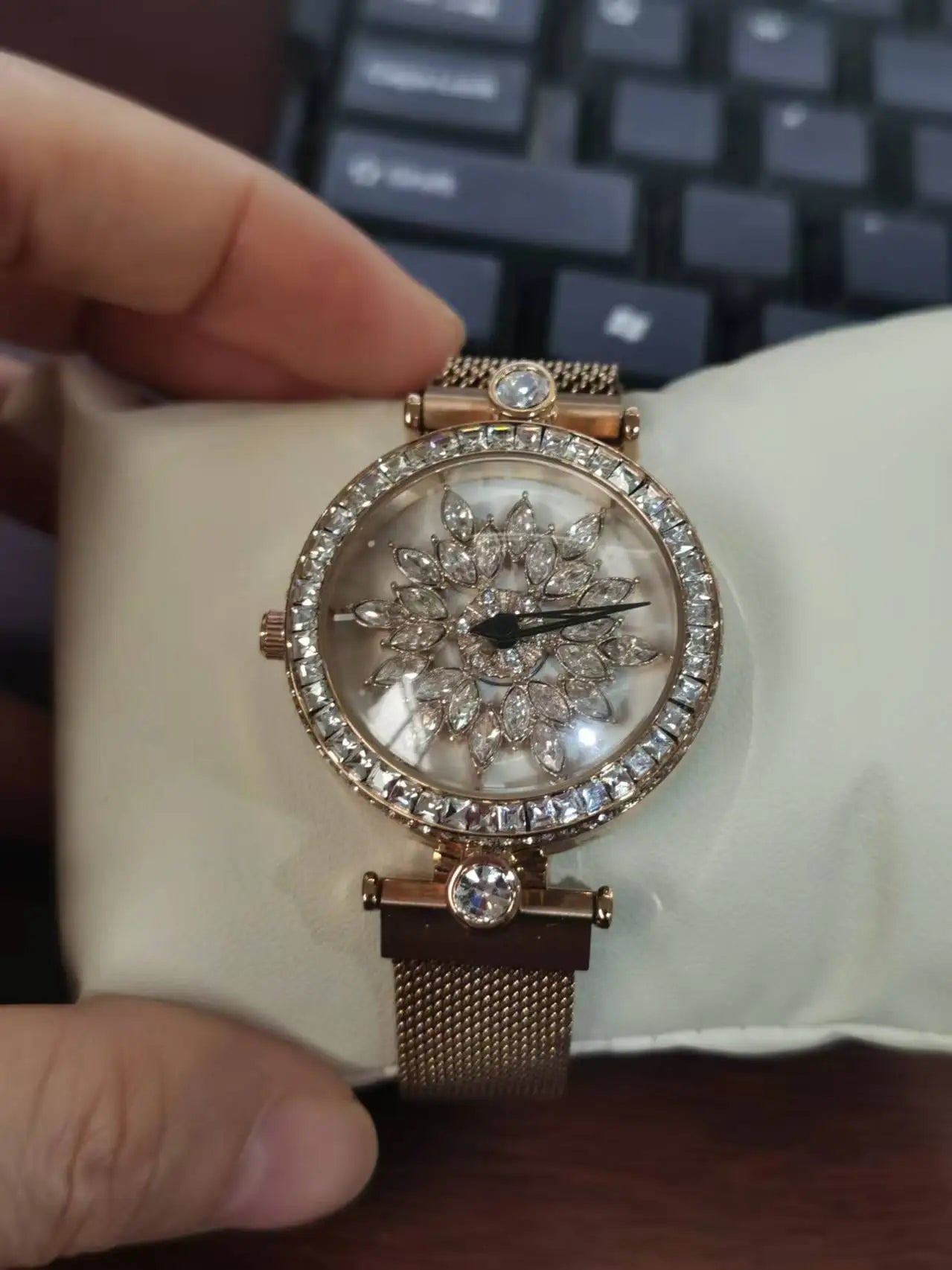 Genuine Leather Diamond Set Watch — Black | KIMLUD