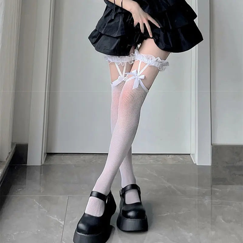 Lolita Socks Net Yarn Over-The-Knee Bow — Black | KIMLUD