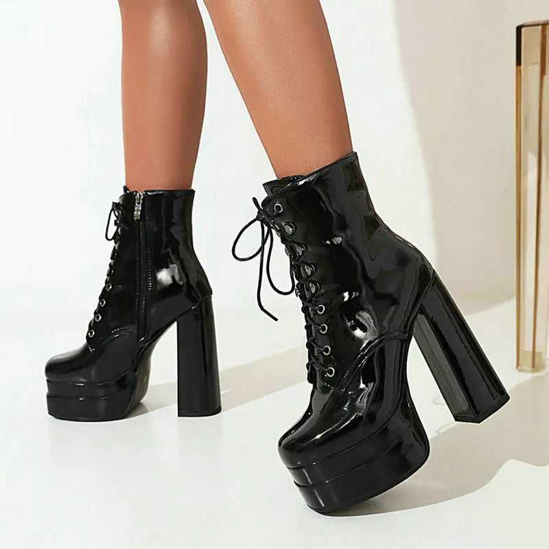 2022 Winter Women Ankle Boots Platform Square High Heel Ladies Ankle Boots Patent PU Leather Cross Tied Women's Shoes Big Size