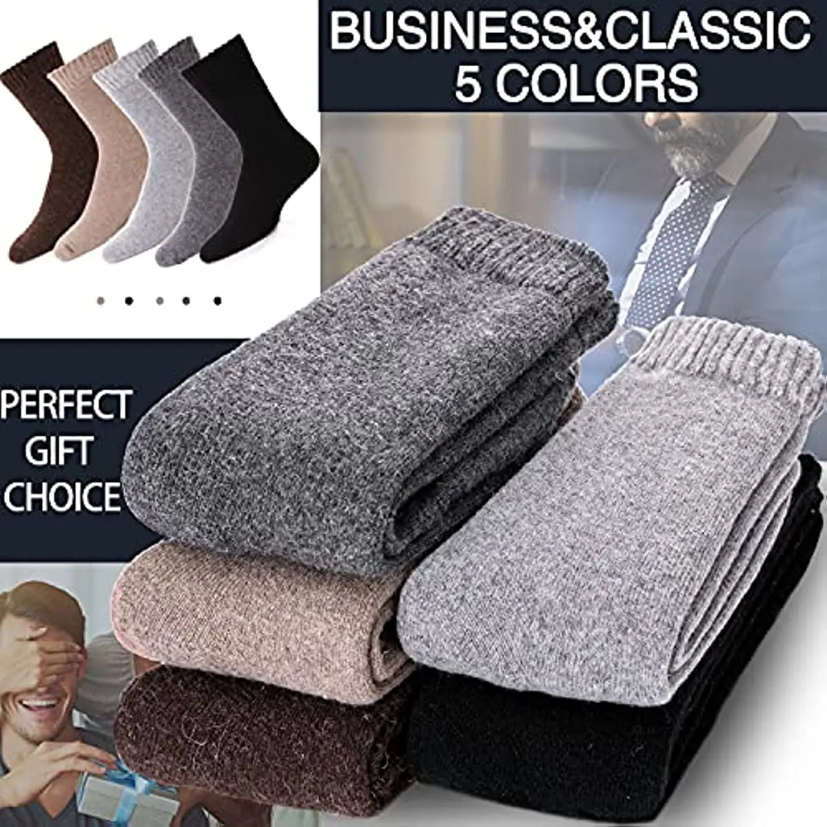 Merino Wool Socks Five-Pack Crew Thick Winter — Black | KIMLUD