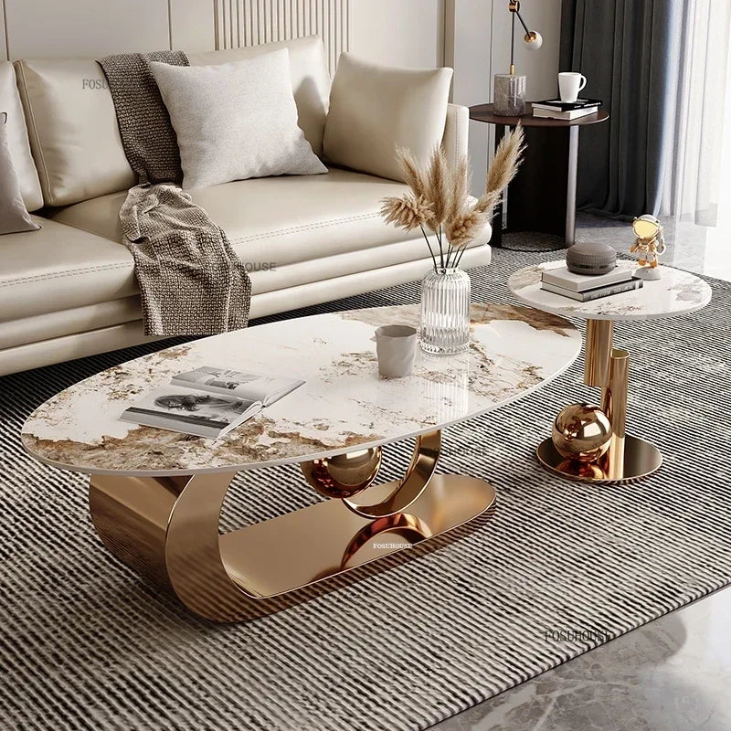 Wrought Iron Oval Coffee Table Marble-Top Italian Rock Plate European Design — Ivory | KIMLUD