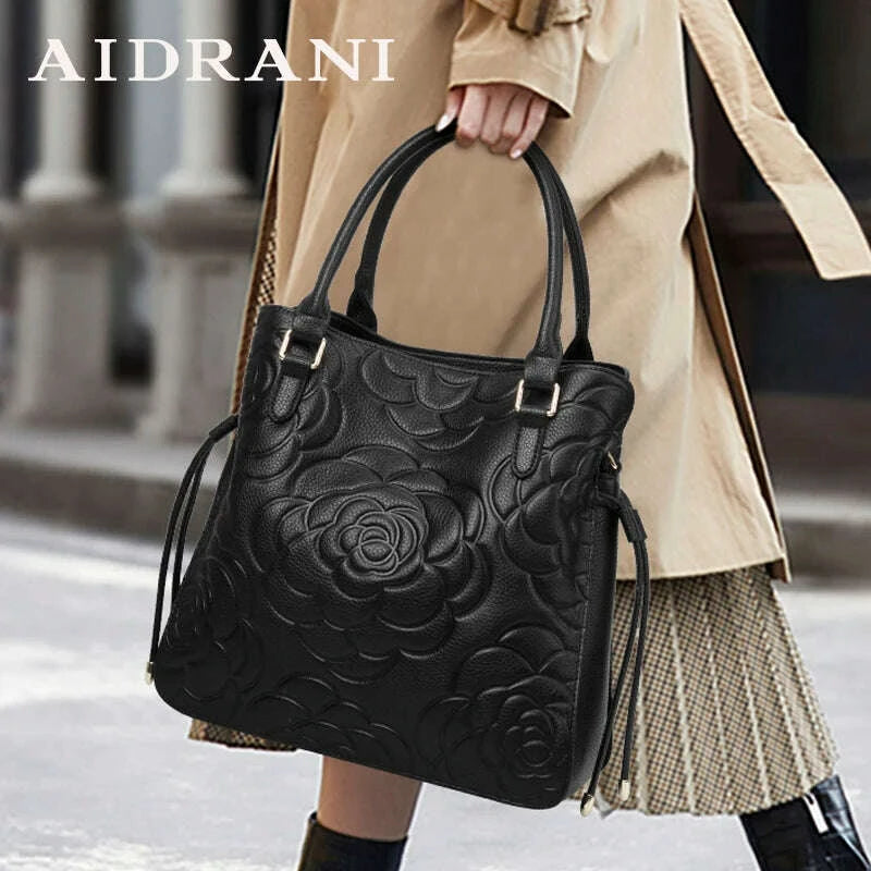 KIMLUD, Aidrani Fashion Genuine Leather Women's Bag Large Capacity Women's Handbag Black Embossed Cowhide Shoulder Bag, KIMLUD Womens Clothes