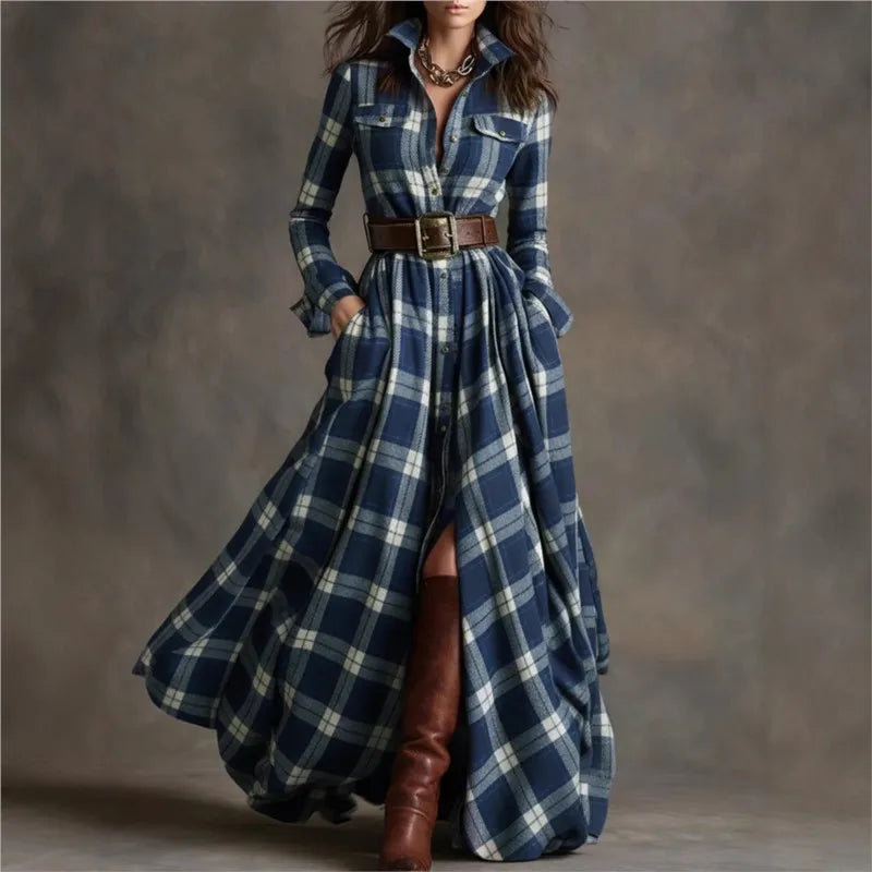 Long Sleeve Shirt Dress – Grid Printed – Jersey – Loose Fit | KIMLUD