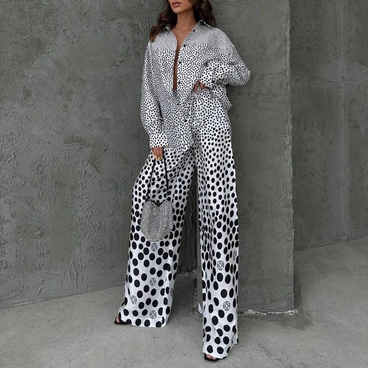 Two-Piece Pajama Set – Long Sleeve Top and Wide-Leg Pants – Polyester | KIMLUD