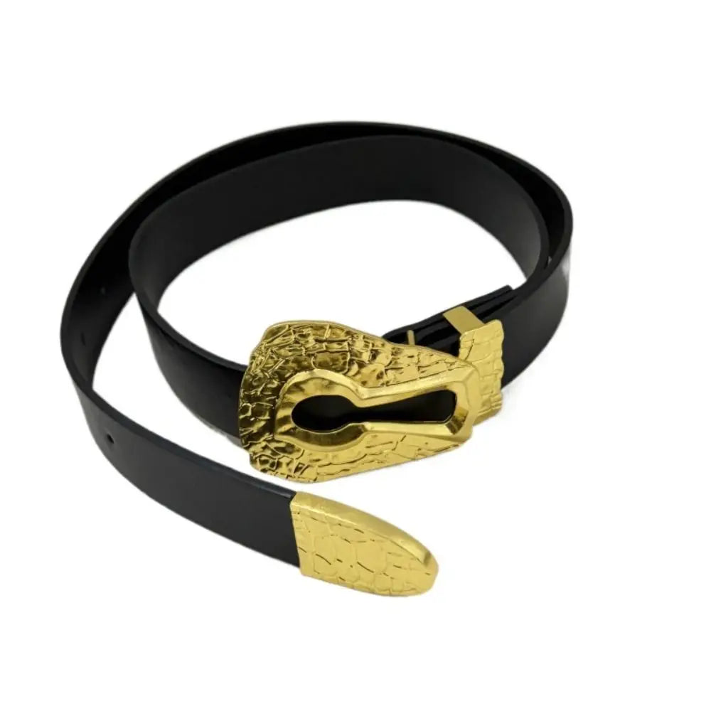 PU Leather Belt With Antique Gold Engraved Buckle — Black | KIMLUD