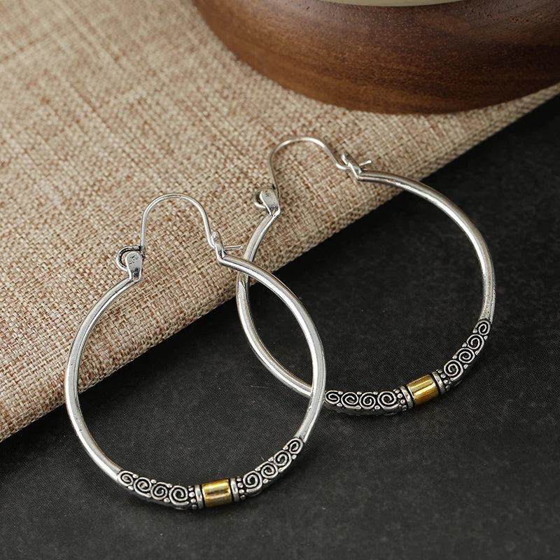 Hoop Earrings – Two-tone Textured Design – Copper Metal – Silver | KIMLUD