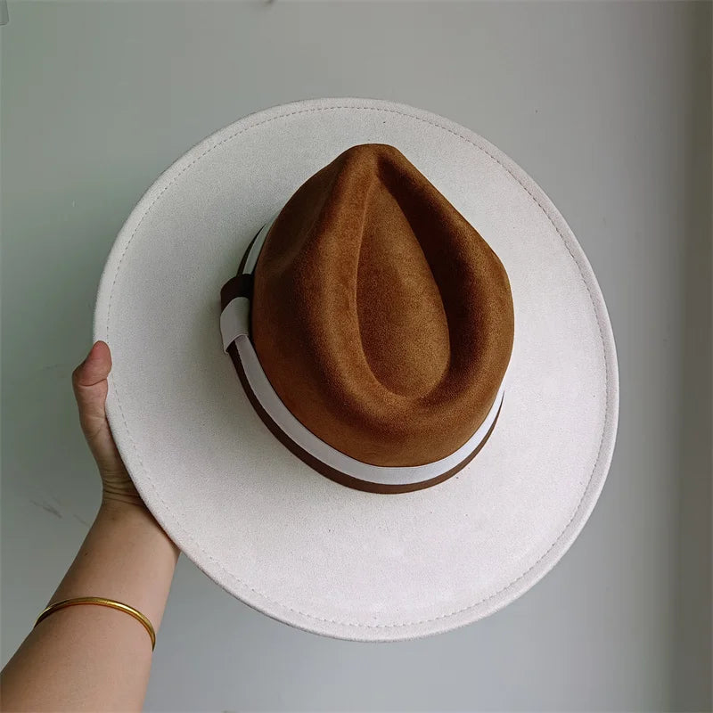 Suede Colorblock Wide-Brim Unisex Hat — Brown | KIMLUD