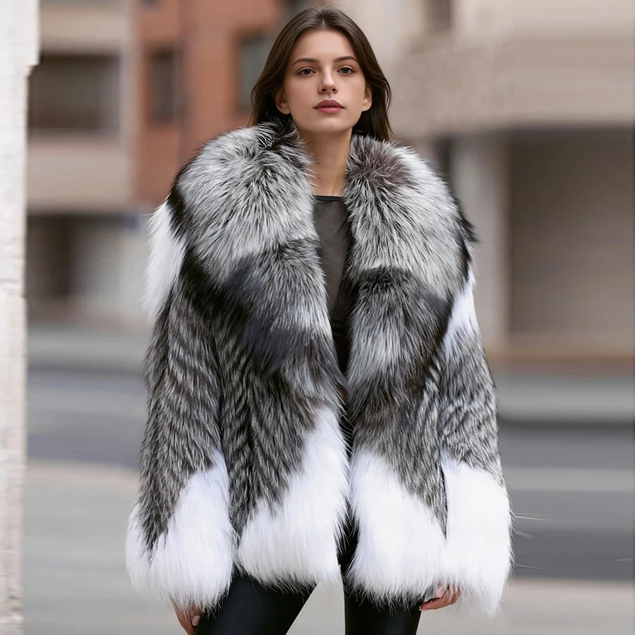 Fox Fur Jacket – Turn-Down Collar – Fox Fur – Silver | KIMLUD