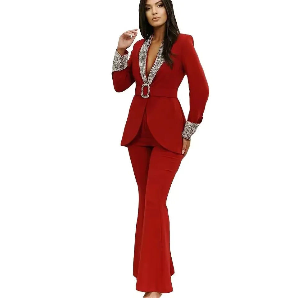 Satin Matching Sets Shawl Lapel Jacket SlimFit Flare Pants — Red | KIMLUD