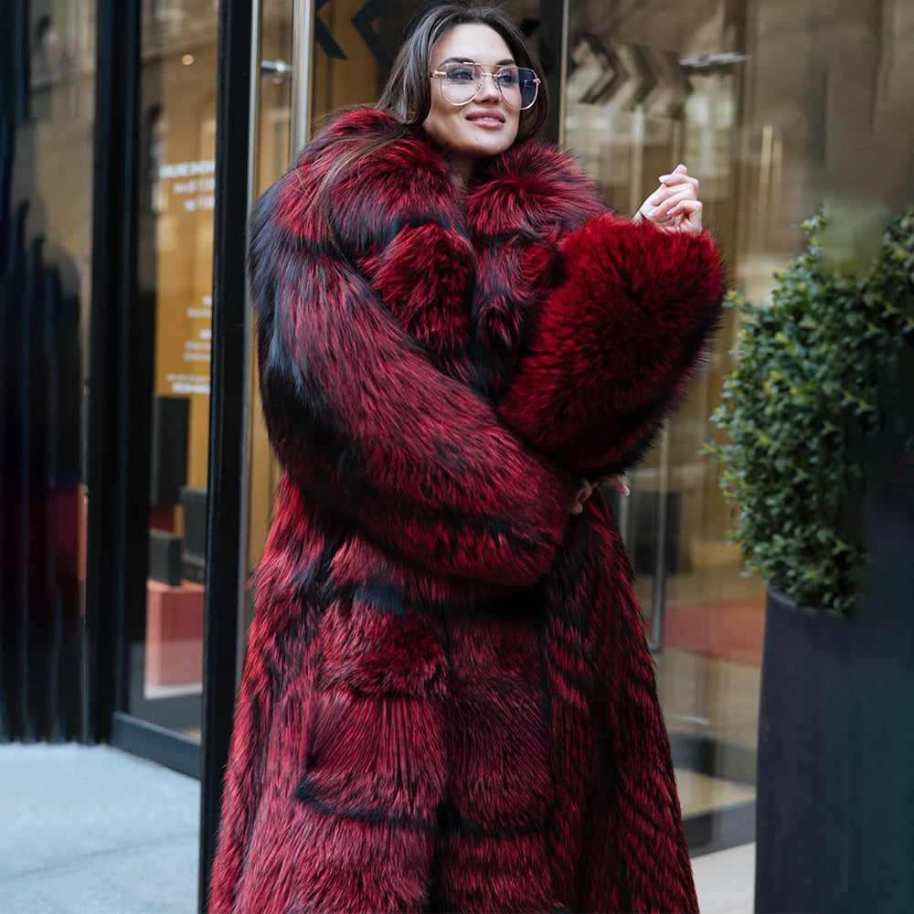 KIMLUD, 120cm Long Real Silver Fox Fur Coat with Big Turn-down Collar High Street Women Genuien Wholeskin Fox Fur Coats Outwear Woman, KIMLUD Womens Clothes