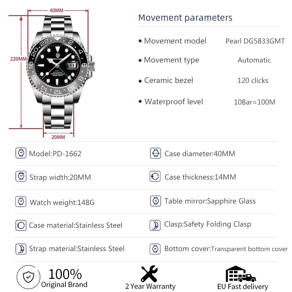 PAGANI DESIGN V4 GMT Watches Men's Luxury Automatic Mechanical Wristwatch Sapphire Glass 40MM Stainless Steel Waterproof Watch