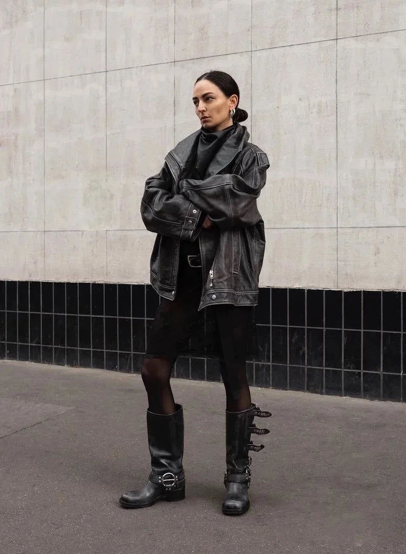 Knee-High Western Boots – Platform Rivet Belt Buckle – Genuine Leather | KIMLUD