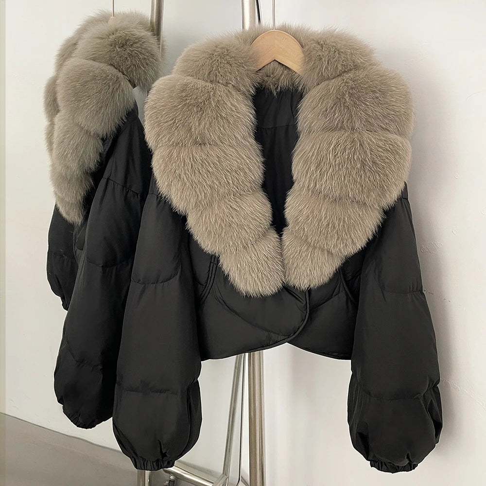 Down Coat – Real Fox Fur Trim – Duck Down – Natural | KIMLUD