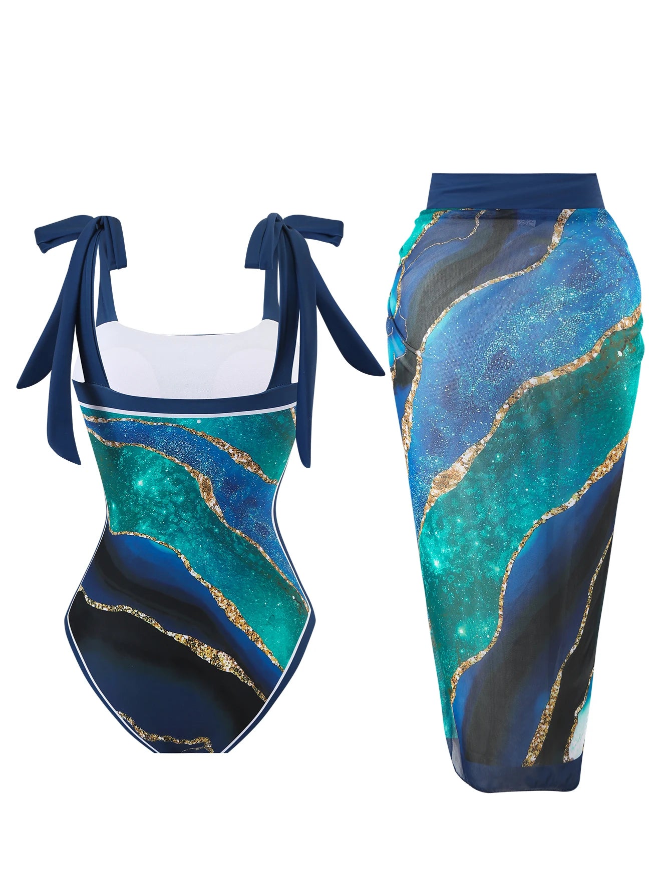 Printed One-Piece Swimsuit With Gauze Skirt — Multicolor | KIMLUD