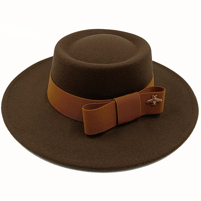 Wholesale Fedora hats Winter round concave convex surface flat top bow elastic ribbon men&#39;s and women&#39;s felt jazz hats Fedora - KIMLUD