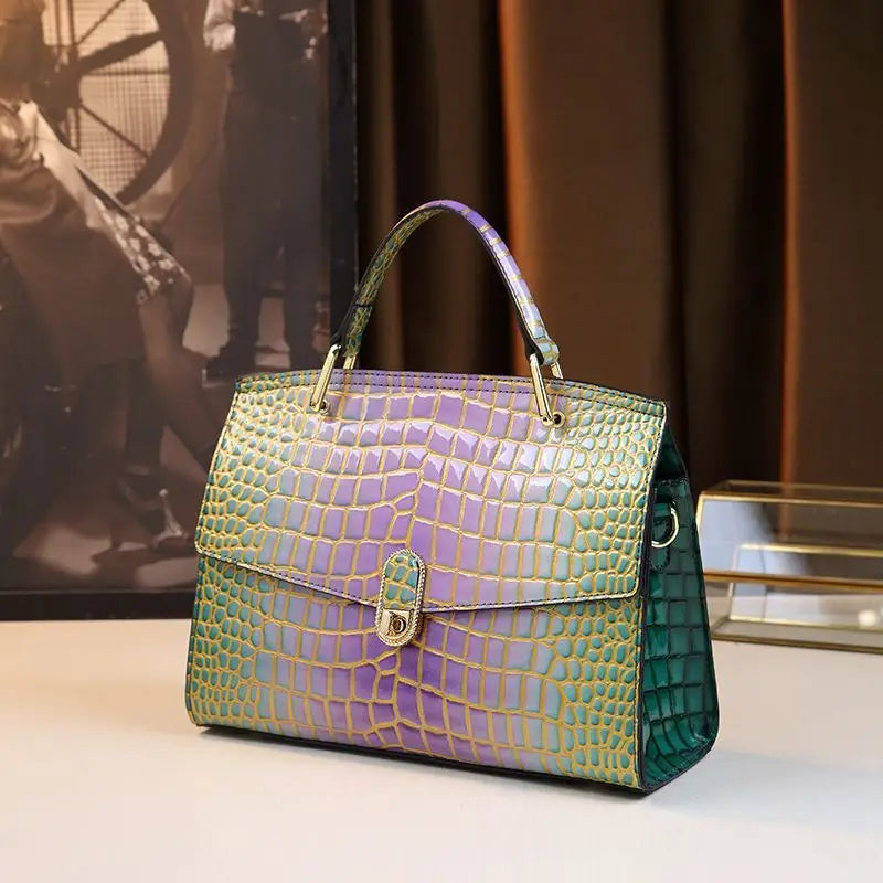 Genuine Leather Crocodile Print Handbag — Black | KIMLUD