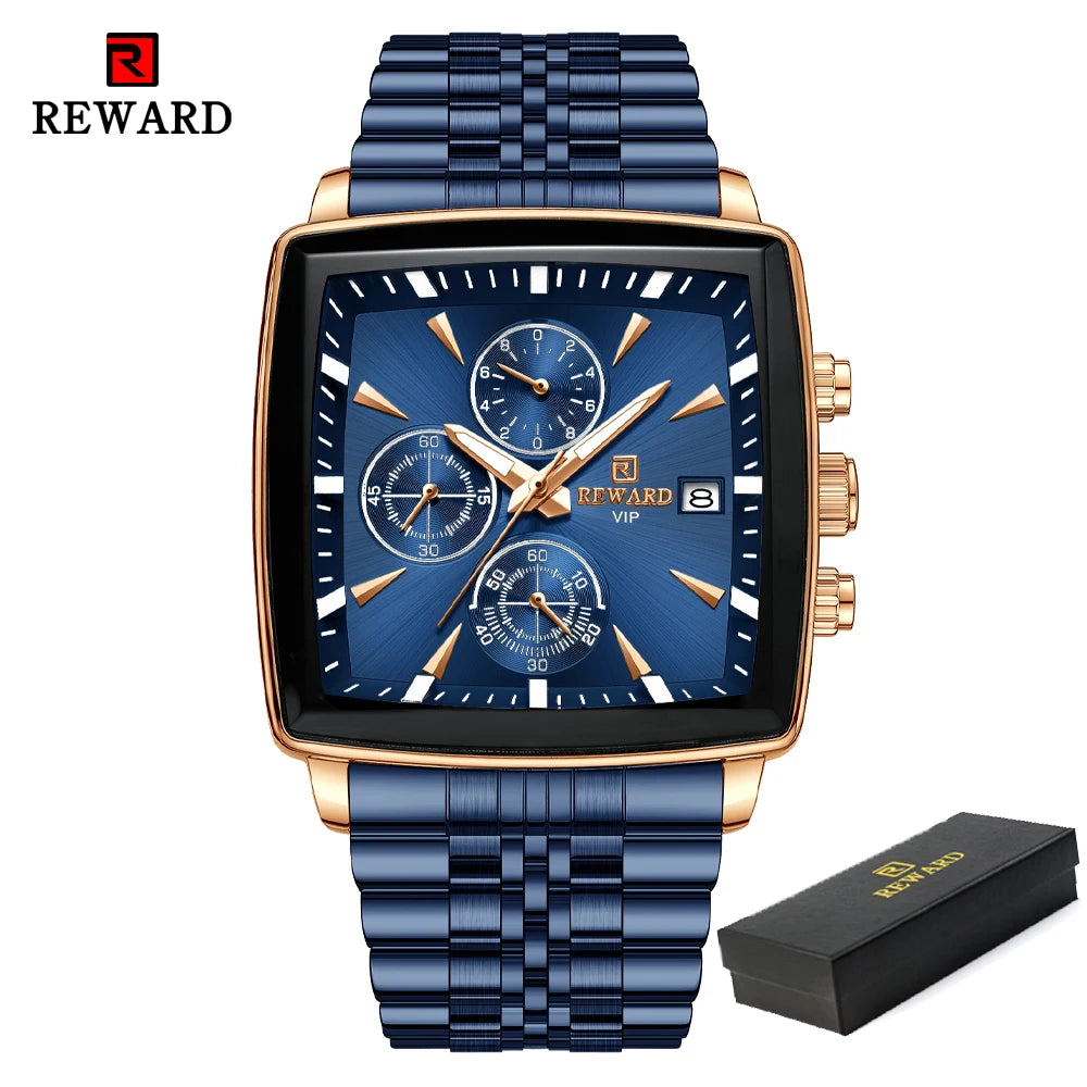 REWARD Fashion Square Dial Watch for Men Stainless Steel Waterproof Quartz Chronograph Mens Watches Luxury Sport Male Clock