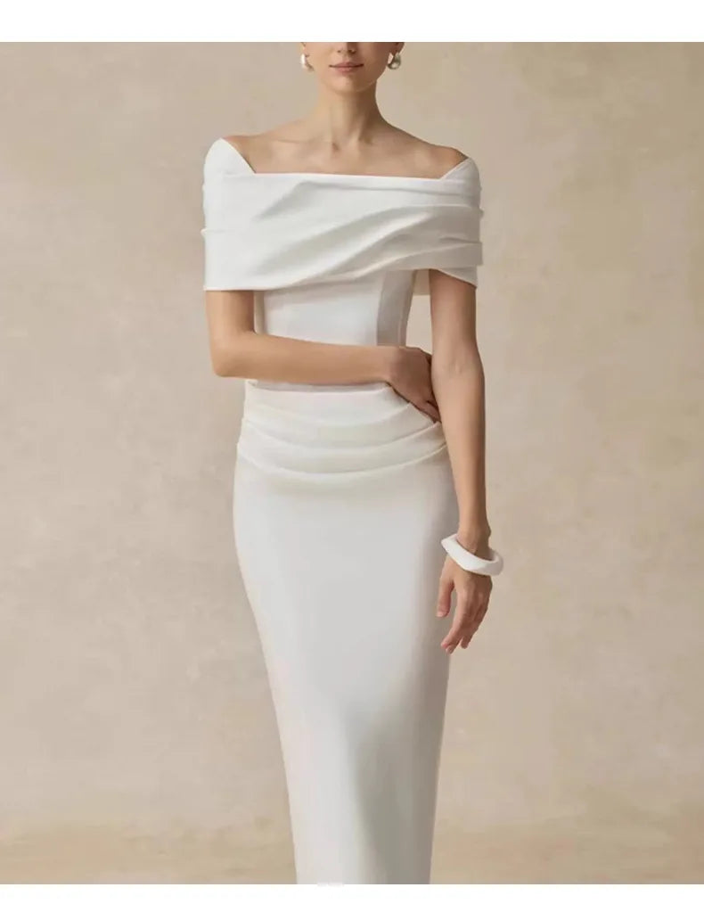 Bodycon Dress High-Waist Off-Shoulder Short Sleeves — White | KIMLUD