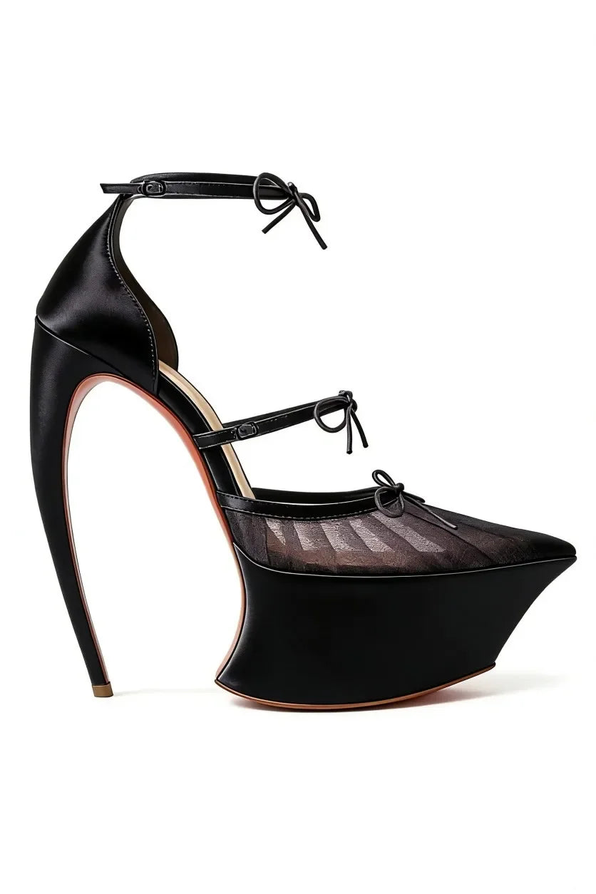 Satin Ribbon Pumps Pointed-Toe Platform — Pink | KIMLUD