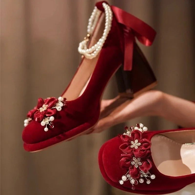 PU Mary Jane Pumps With Crystal Floral Embellishments — Crimson Red | KIMLUD