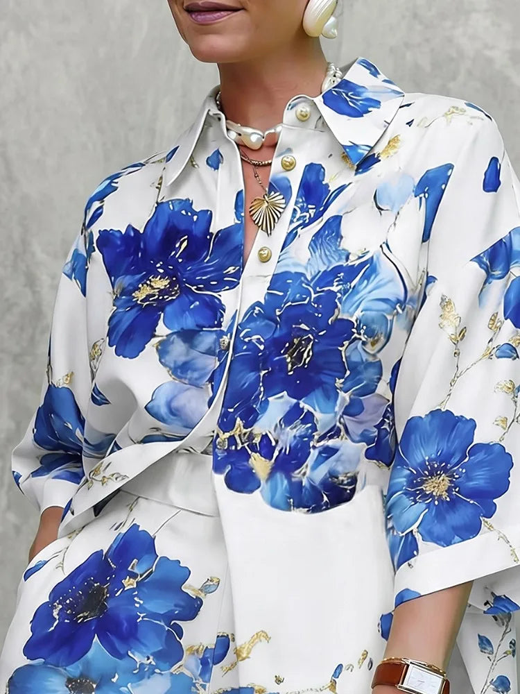 Lapel Blouse – Floral Printed – Polyester – Blue | KIMLUD