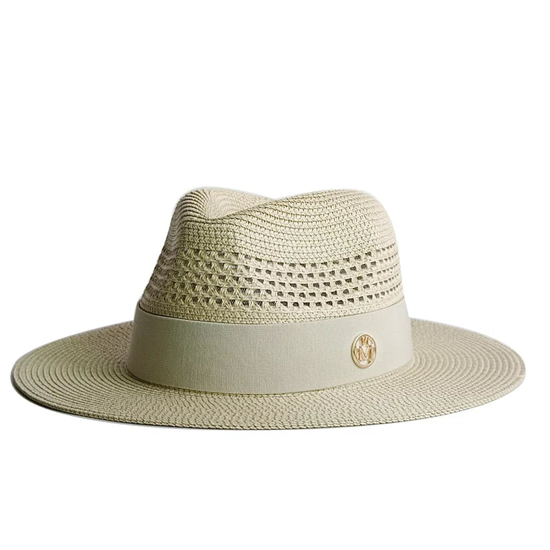 Straw Pearl Chain Flat Top Sun Hat — Beige | KIMLUD