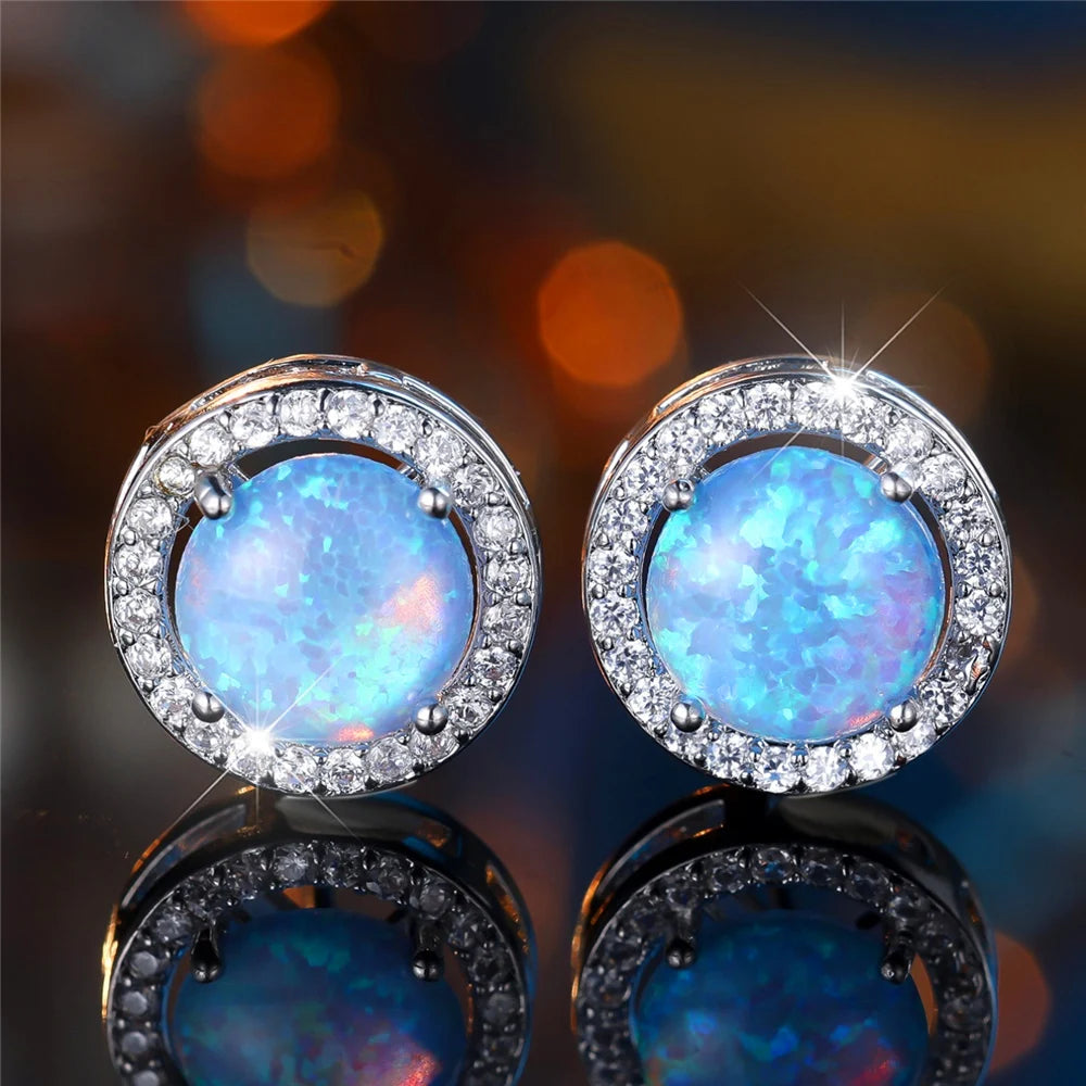 Crystal Opal Stud Earrings Round Stone — Silver | KIMLUD