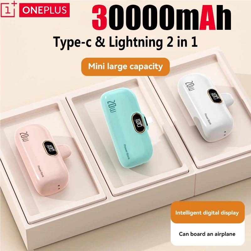 OnePlus 30000mAh Mini Portable Power Bank Capsule Mobile Power Supply Emergency External Battery Fast Charger For iPhone Xiaomi