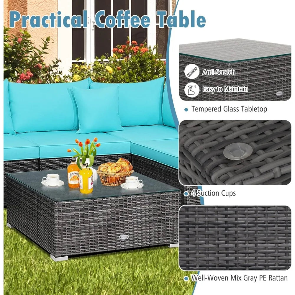 7 Pieces Patio Furniture Set, Patiojoy All-Weather Outdoor Rattan Sectional Sofa Set with Cushions and Tempered Glass Coffee Ta