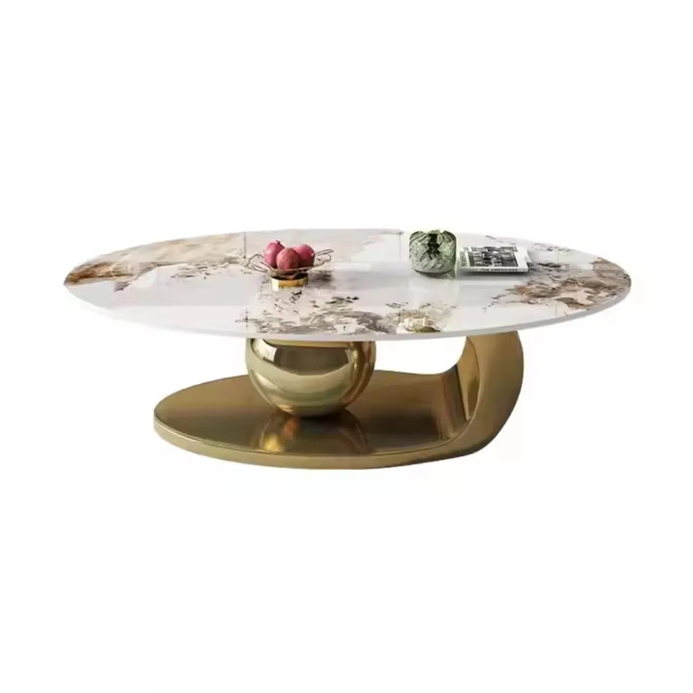 Gold Oval Coffee Table Sintered Stone Marble Top — Gold-Tone | KIMLUD