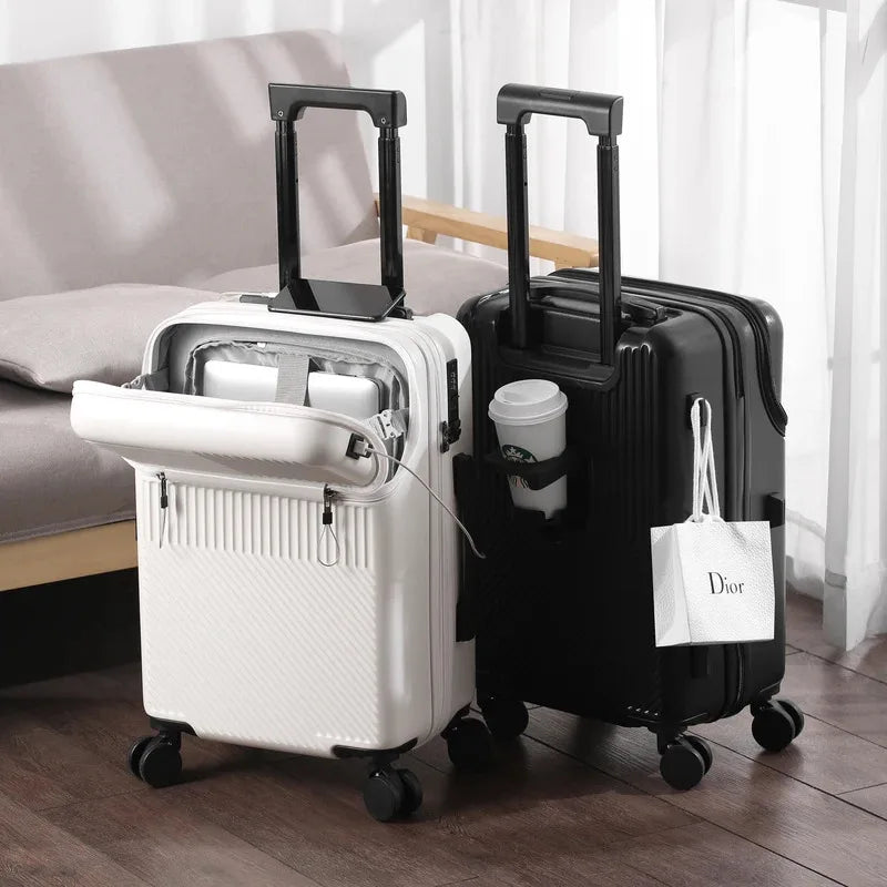 Polycarbonate Carry-On Luggage 20-Inch Lightweight With Cup Holder — Metallic Silver | KIMLUD