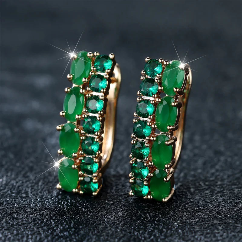 Geometric Clip Earrings Gold Color Oval Round — Green | KIMLUD
