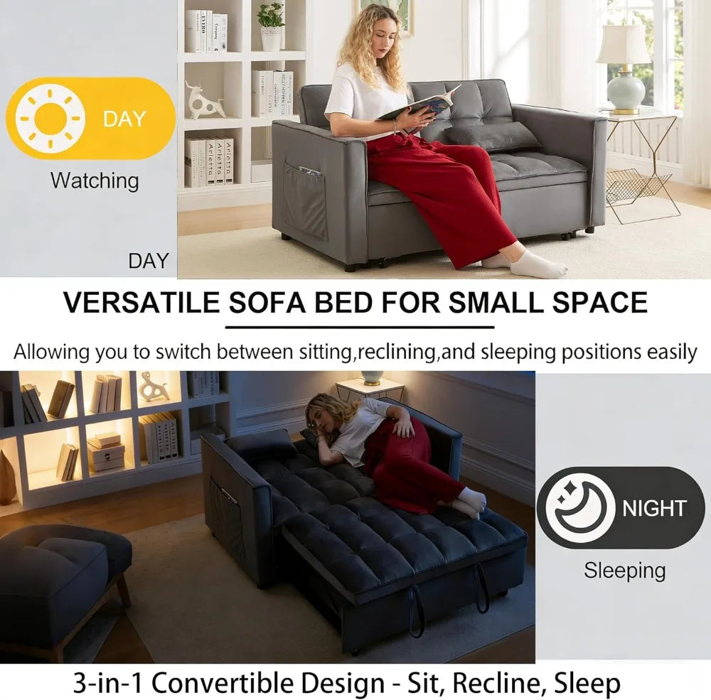 Velvet Sleeper Sofa Bed 70 Inch With Adjustable Back And Storage — Black | KIMLUD