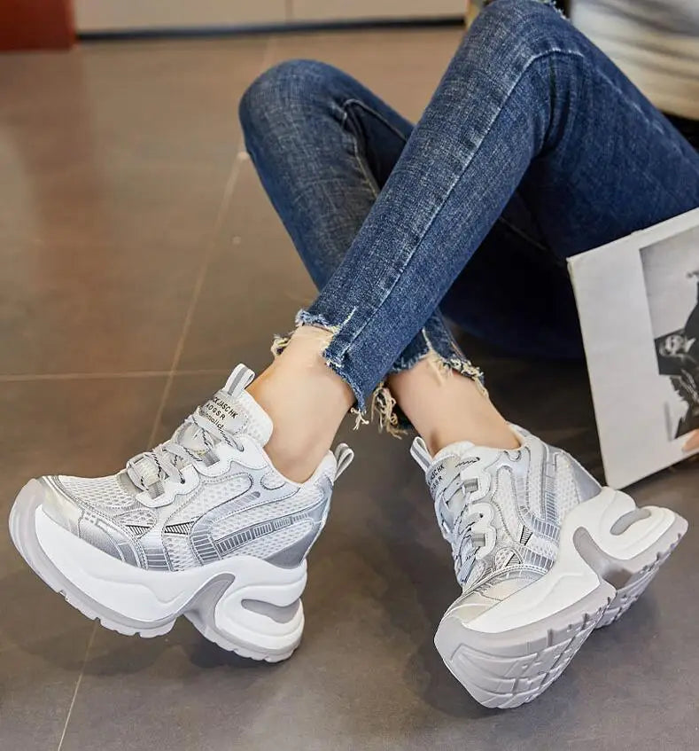 Synthetic Air Mesh Sneakers Platform Wedge — White | KIMLUD