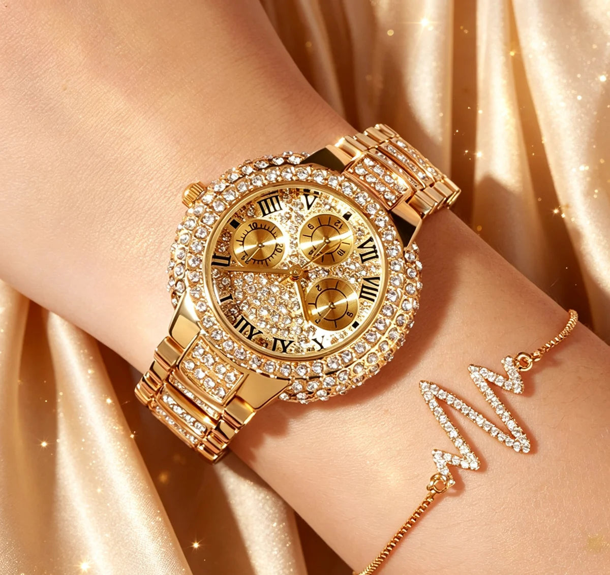 Full Diamond Quartz Watch For Women Luxury Fashion Silver Iced Out Quartz Wristwatch Gift MK Parker Style Chronograph Full Pave