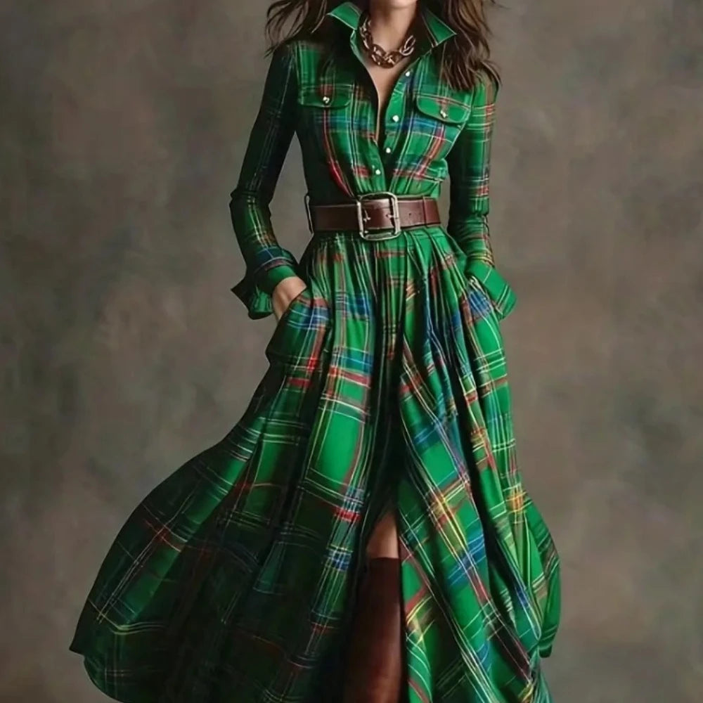 Polyester A-Line Dress Plaid Belted Retro Long Sleeve Turn-Down Collar — Black | KIMLUD