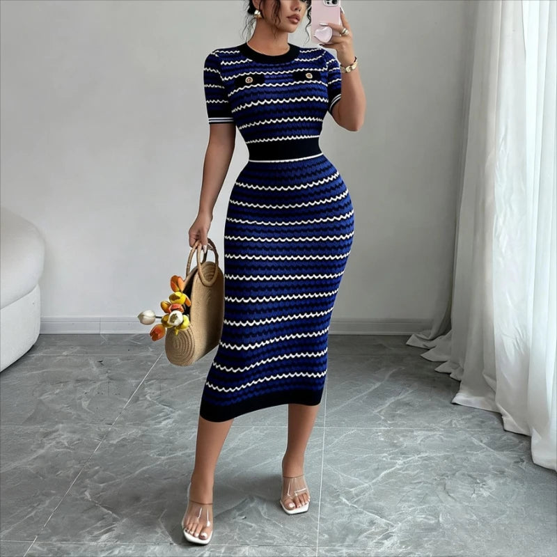 Knit Ribbed Striped Bodycon Midi Dress — Blue | KIMLUD
