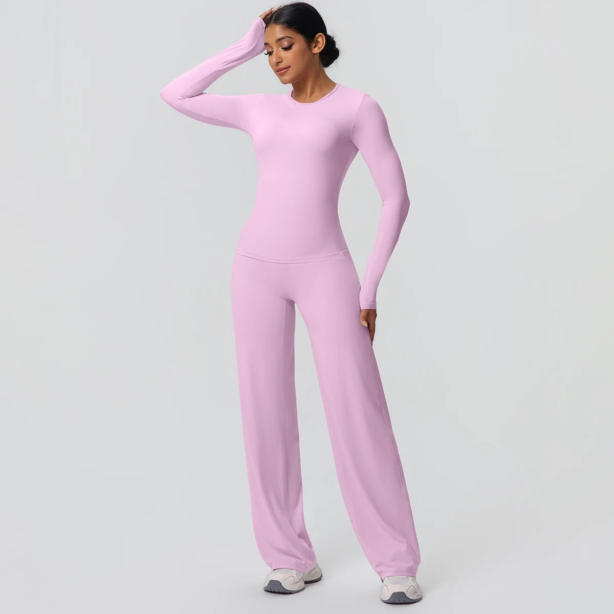 Yoga Set – Slim Long Sleeve Top and Wide Leg Pants – Nylon Elastane | KIMLUD