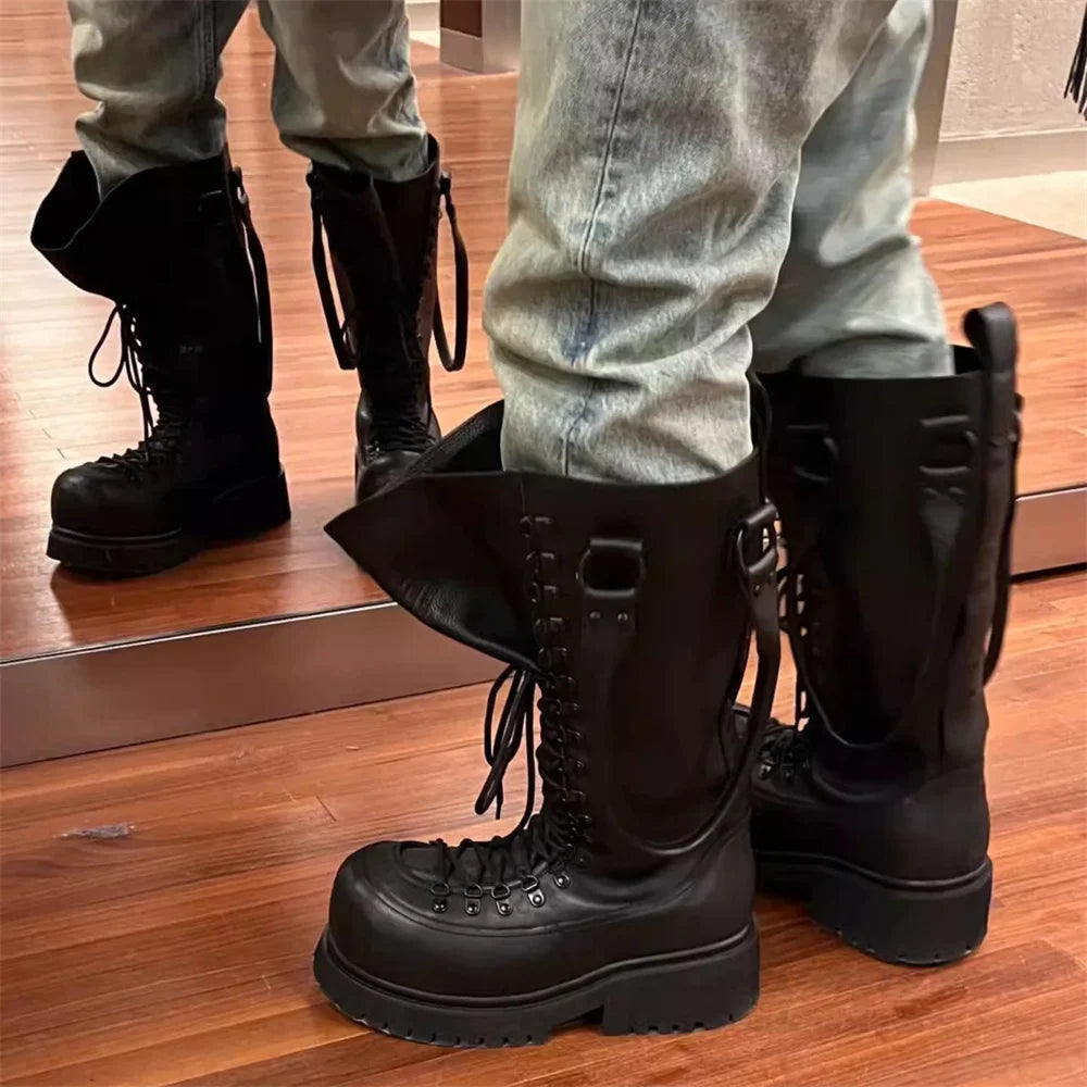 Handheld Boot for Couples Super Cool Big Toe Cross Strap High Top Lace Up Work Boot Men Black Leather Chunky Heel Knee High Boot