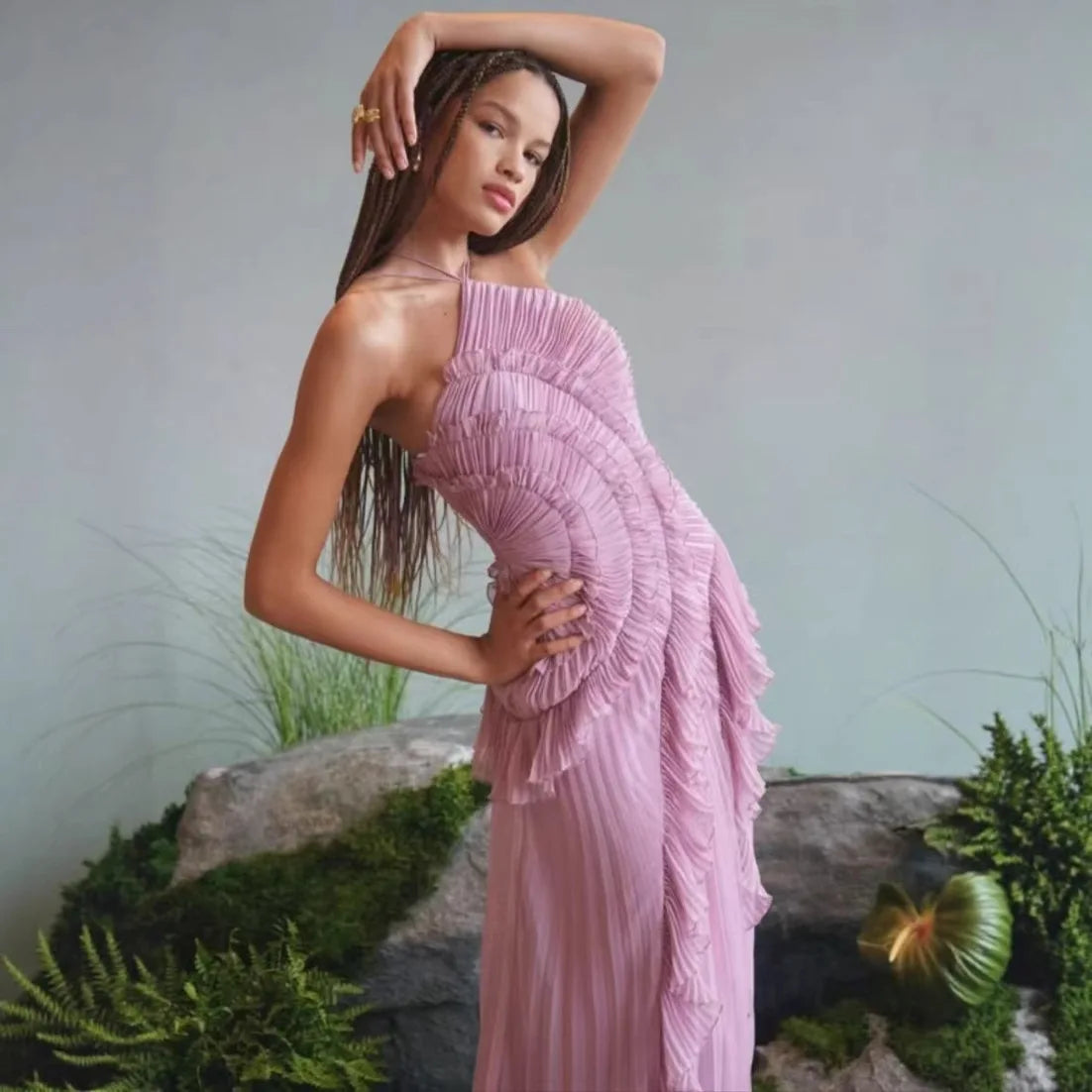 Purple Ruffle Irregular Maxi Dress for Women Sexy Halter Backless Party Dresses Summer Fashion Chiffon Holiday Fairy Dress 2025