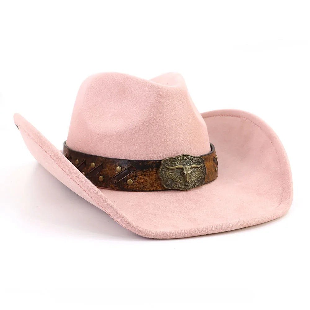 Leather Band Suede Cowboy Hat Big Brim Bull's Head — Brown | KIMLUD