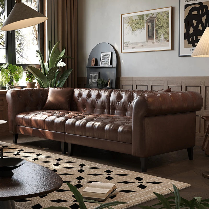 Leather Modern Living Room Sofa Sculptural Comfort — Deep Cognac Brown | KIMLUD