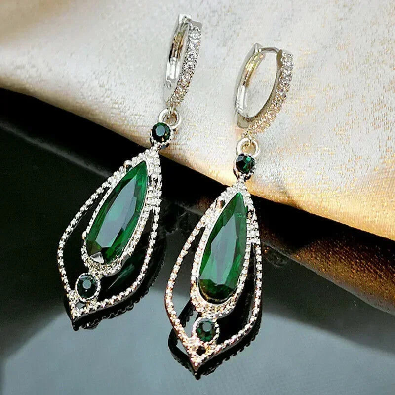 Cubic Zirconia Drop Earrings Water-Drop Inlaid — Emerald | KIMLUD
