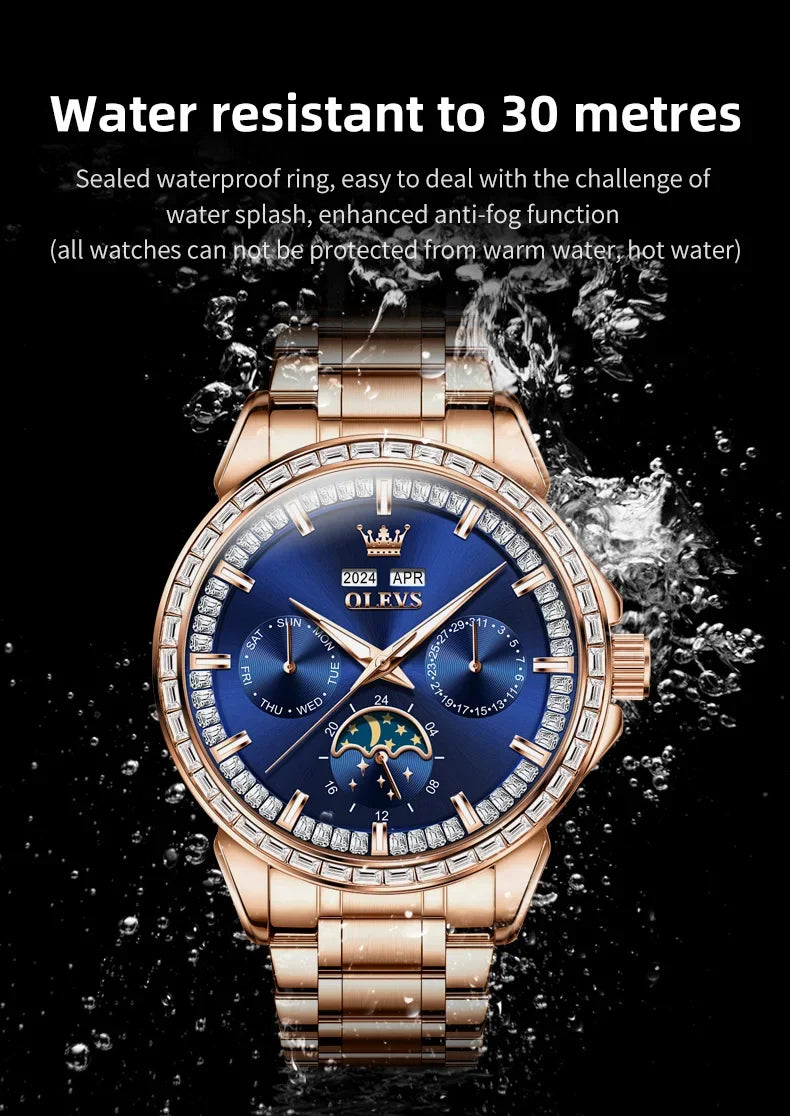 OLEVS 6695 NEW Men's Watches Full Multifunctional Dial Blue Leather Strap Calendar Week Moon Phase Waterproof Wristwatch