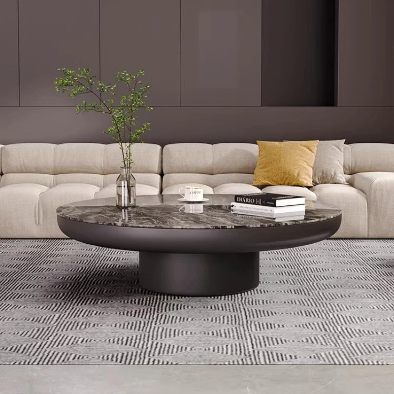 Italian Luxury Round Coffee Table Veined Marble Surface — Charcoal Gray | KIMLUD