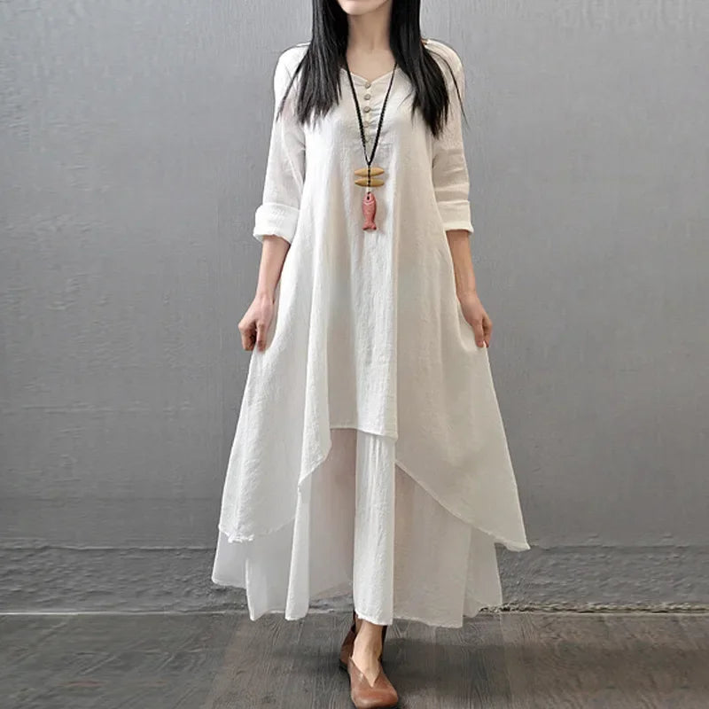 Linen-Blend Maxi Dress Relaxed Long-Sleeve Swing — Ivory | KIMLUD