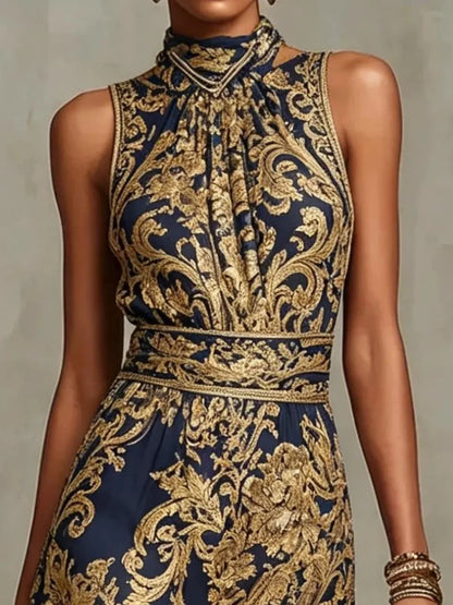Maxi Dress – Baroque Print Halter Neck – Polyester A-Line | KIMLUD